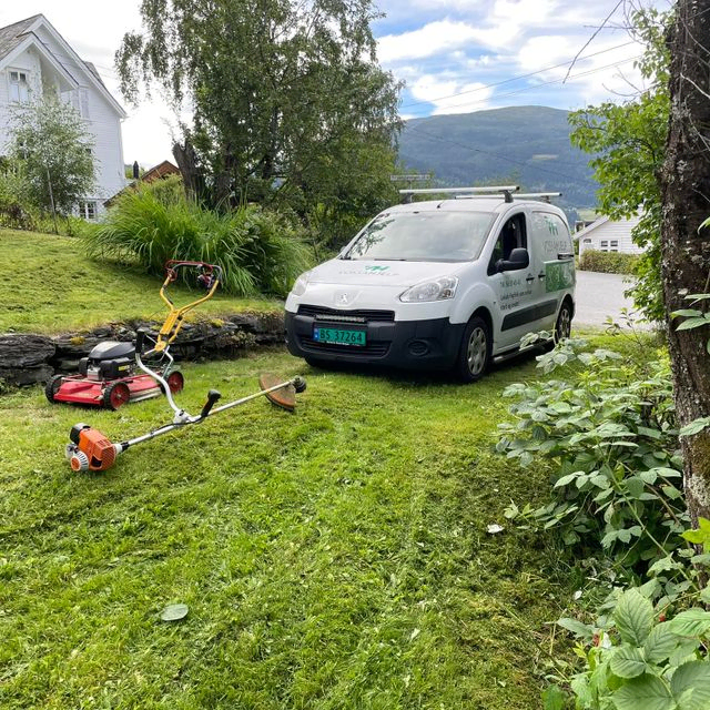 Bil og gressklipper på plen